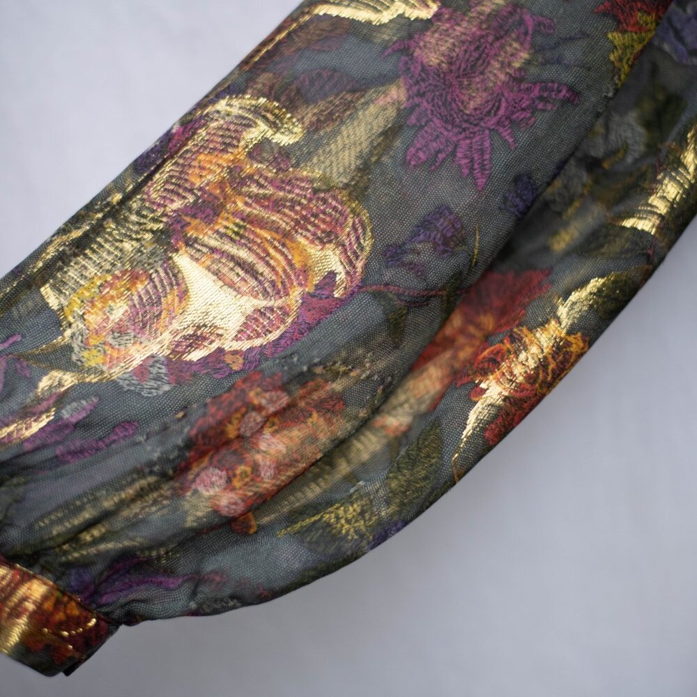 Nicole Miller Artelier M Silk Floral Boho Top Gold Metallic Off-Shoulder Blouse - Picture 5 of 11